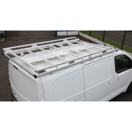 Dachträger aus geschweißtem Aluminium (mit Laderolle, Spoiler, Plattform) und Heckleiter (rechts)